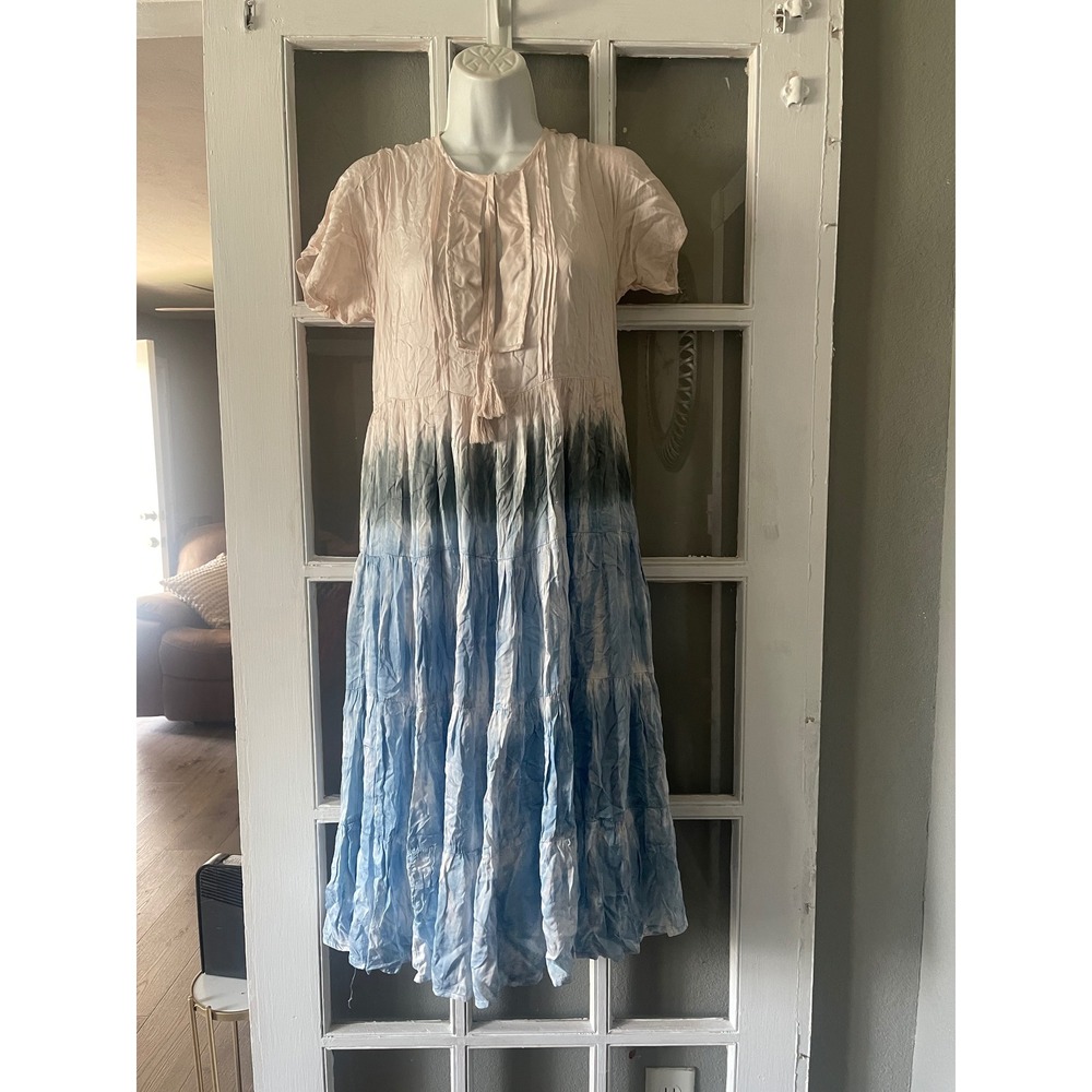 Karlie Pink Ombre Tie Dye Tiered Midi Dress Tassel Keyhole